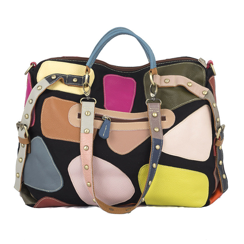 Genuine Leather Ethnic Geometric Color Block Handbag for Women, New Arrival Top Handle Shoulder Crossbody Purse, Trendy Designer Bag for Ladies