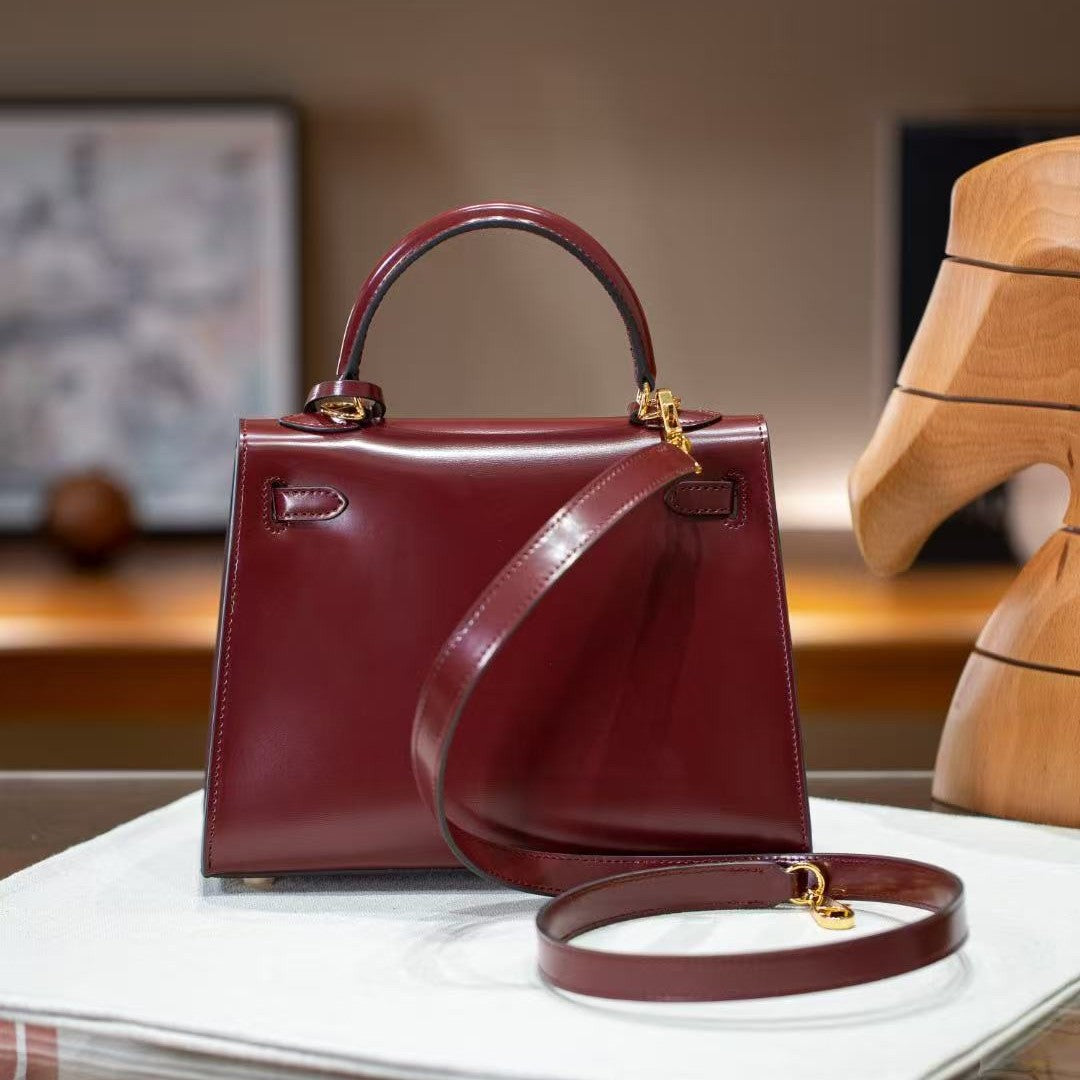 Women's Kelly-Style Box Calfskin Leather Handbag, Hermès-Inspired Glossy Finish Top-Handle Tote, Large-Capacity Shoulder & Cross-Body Purse for Work, Commute & Travel