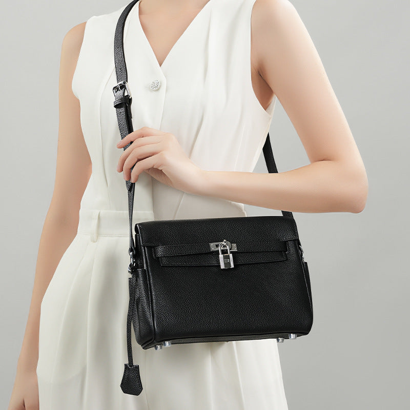 Genuine Togo Top Layer Cowhide Kelly-Style Messenger Bag for Women, Black New Crossbody Top Handle Commute Purse, Premium Shoulder Handbag for Ladies