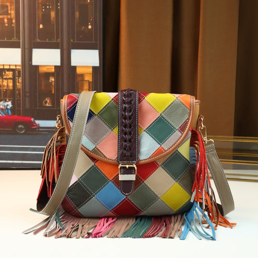 Color-Block Fringe Checkered Envelope Bag for Women Spring Summer Shoulder Crossbody Handbag, Vintage Resort Purse with Playful Fringe Detail