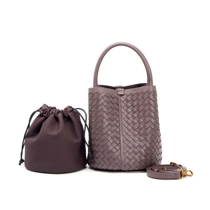 Handwoven Solid Color Mother-Child Bucket Bag, Trendy Casual Shoulder Crossbody Purse, Versatile Handbag for Women