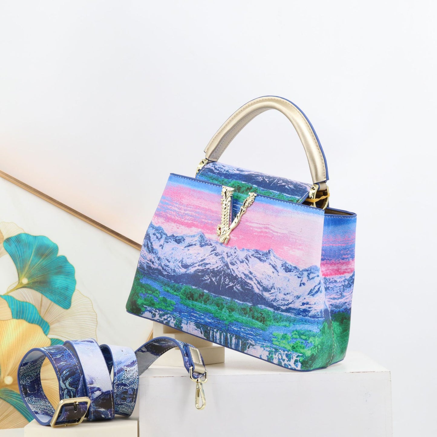 Genuine Leather Fashionable Printed Handbag, Top Handle Crossbody Purse for Ladies