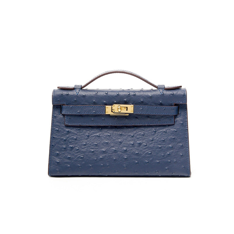 Ostrich-Embossed Kelly-Style Bag in Top Layer Cowhide, Premium Niche Design Shoulder Crossbody Top Handle Purse, Versatile Fashionable Handbag for Women