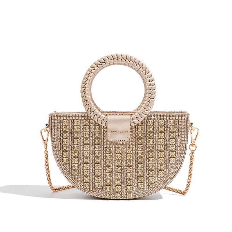 New Semi-Circle Rhinestone Top-Handle Bag for Women, Sparkly Crystal Shoulder Purse, Light Luxury Evening Handbag for Parties & Banquets