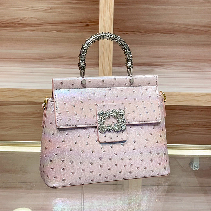 Genuine Leather Ostrich-Embossed Handbag for Women,New Premium Rhinestone Top Handle Crossbody Purse, Fashionable Bag for Ladies