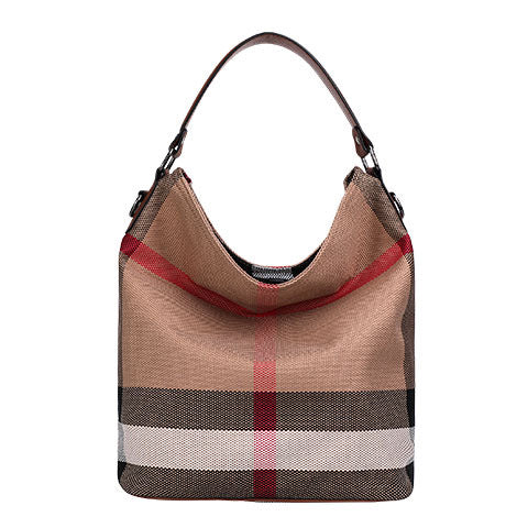 2026 New Premium Leather Trim Canvas Bucket Bag, Large Capacity Casual Shoulder Purse, Trendy Plaid Handbag for Women