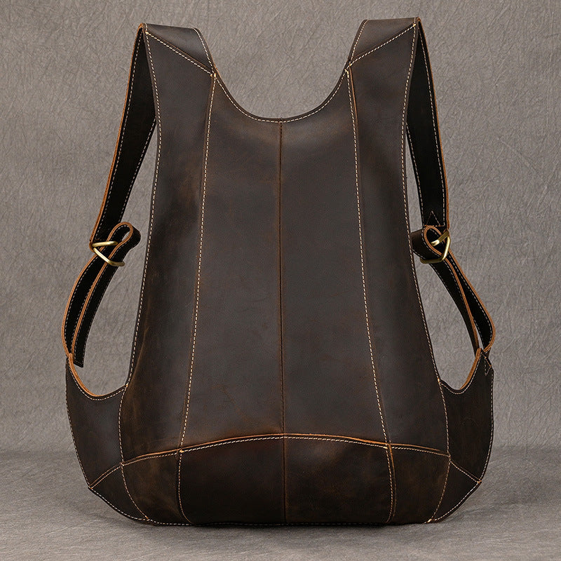 Crazy Horse Leather Vest Style Backpack, Cool Brown Bicycle Sports Daypack, Unique Genuine Cowhide Bag for Men