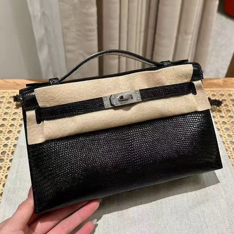 Genuine Lizard-Embossed Cowhide Mini Kelly-Style Bag for Women, Hermès-Inspired Shoulder Crossbody Top Handle Purse, Light Luxury Everyday Handbag for Ladies