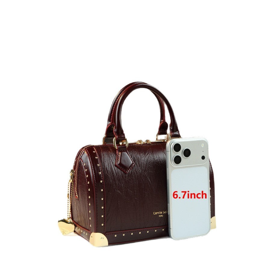 Studded Boston Pillow Bag for Women Vintage Commuter Top Handle Shoulder Crossbody Purse with Premium Hardware Accent
