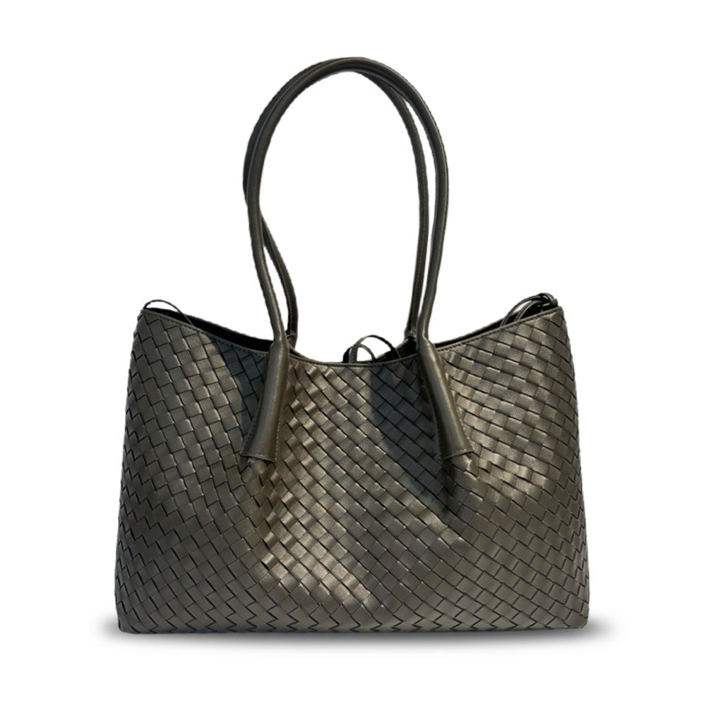 Leather New Woven Tote Bag Hand Crossbody One Shoulder Underarm Bag Women's Large Capacity Bag Mommy Bag