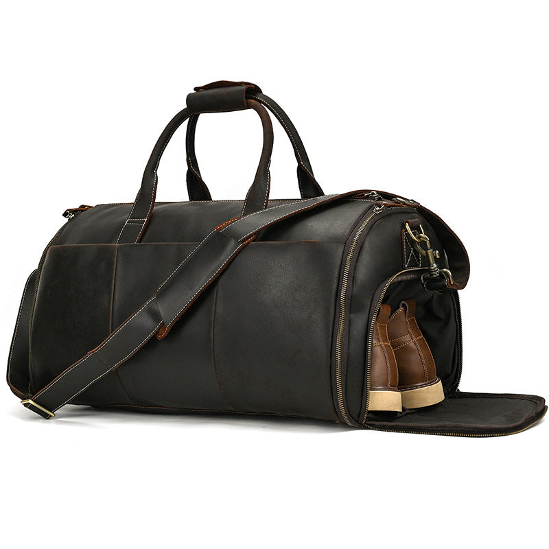 20-Inch Crazy Horse Leather Suit Garment Duffle Bag, Large Capacity Travel Weekender, Shoulder Crossbody Luggage for Men