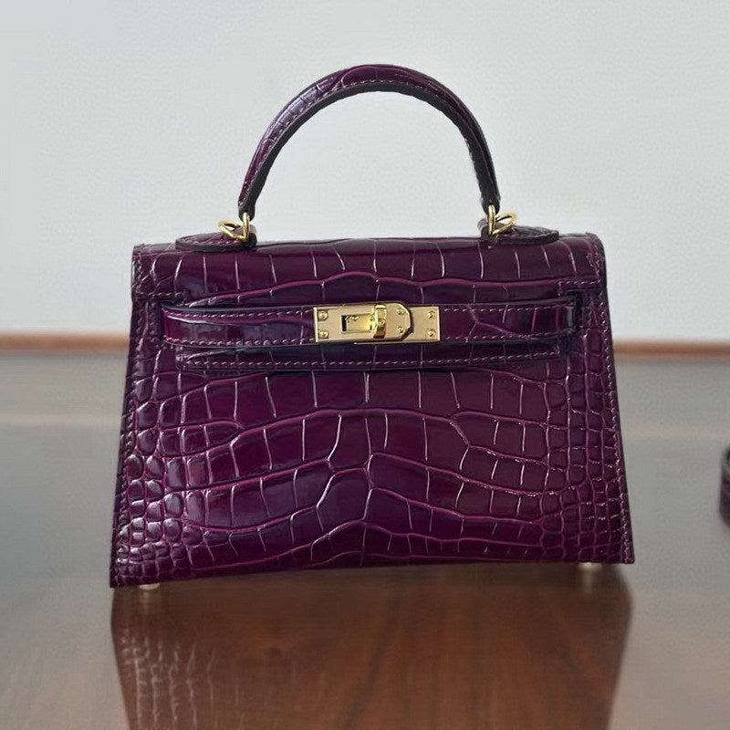 Genuine Leather High-Gloss Crocodile-Embossed Kelly-Style Bag for Women, New 2nd Gen Mini Top Handle Shoulder Purse, Premium Handbag for Ladies