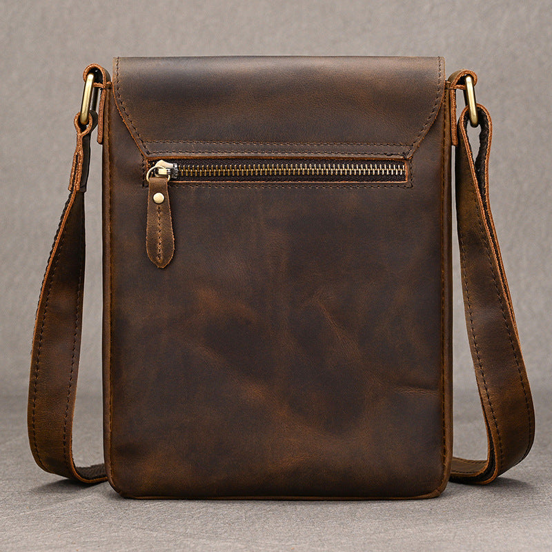 Crazy Horse Leather Small Phone Crossbody Bag, Square Shoulder Pouch, Travel Casual Bag for Men
