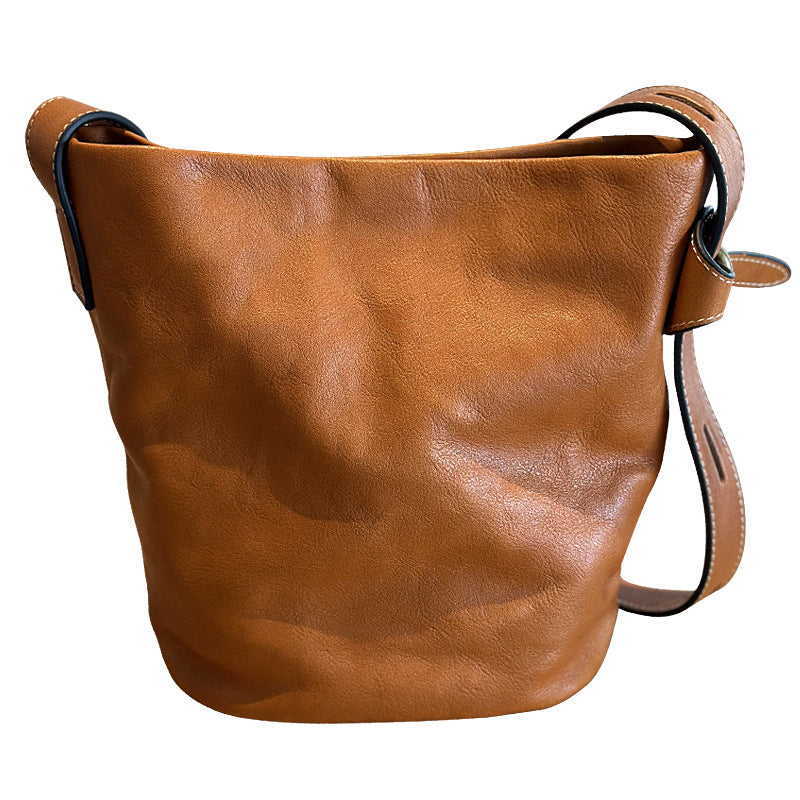 Genuine Top Layer Cowhide Bucket Bag for Women, New Korean Style Vintage Casual Shoulder Crossbody Underarm Purse, Versatile Everyday Handbag for Ladies