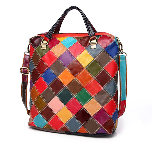 Genuine Top Layer Cowhide Plaid Color Block Backpack for Women, New European Vintage Oil Leather Top Handle Handbag, Versatile Everyday Purse for Ladies