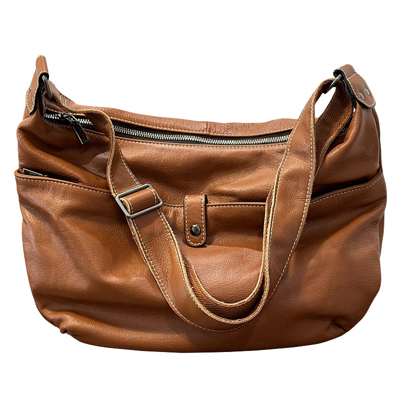 Genuine Top Layer Cowhide Large Tote Bag for Women, Korean Style Versatile Shoulder Crossbody Purse, Hong Kong Casual Handbag for Ladies