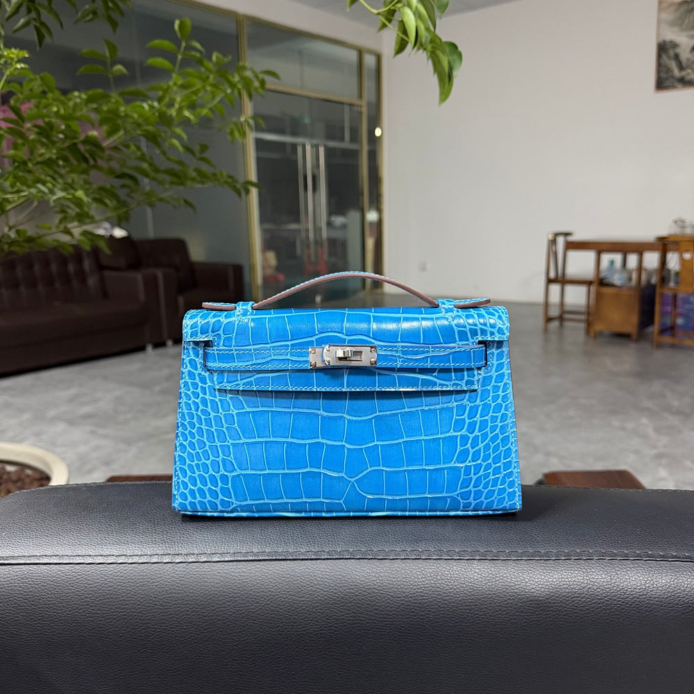 Genuine Top Layer Cowhide Crocodile-Embossed Kelly-Style 22cm Bag for Women, Hand-Stitched Waxed Thread with Full Steel Hardware, Light Luxury Small Square Top Handle Purse for Ladies