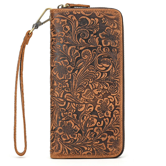 Vintage Embossed Crazy Horse Leather Long Wallet, Multi-Card Zipper Clutch, Fashionable Phone Wallet for Men