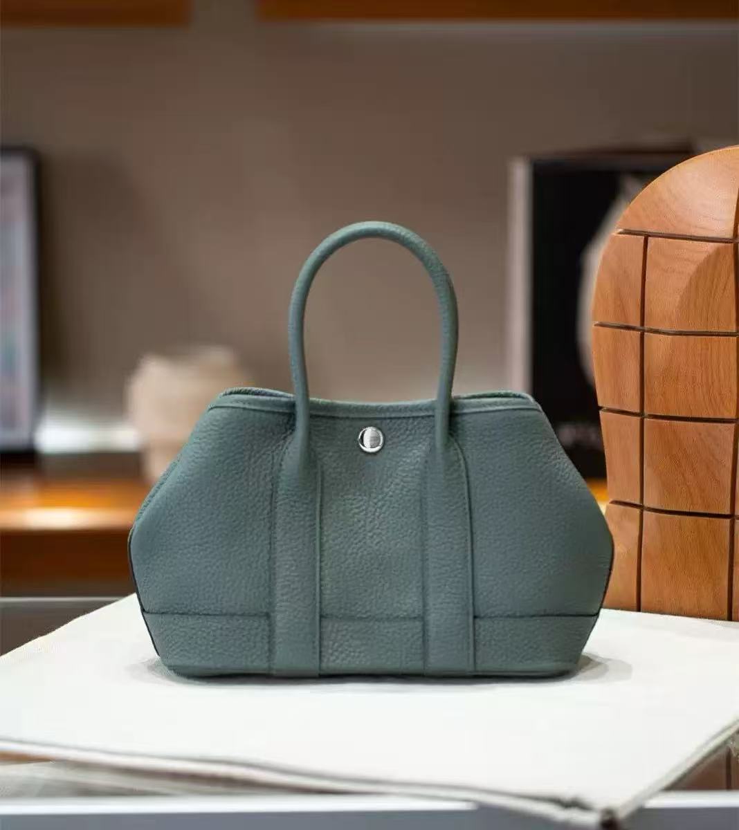 Genuine Togo Leather Garden Tote Bag for Women, New Spring Fashionable Small Top Handle Handbag, Hermès-Style Trendy Purse for Ladies