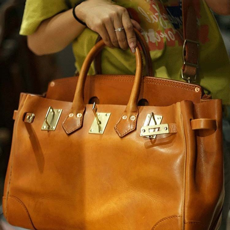 Top Layer Cowhide Birkin-Style Large Capacity Handbag for Men and Women, Vintage Unisex Shoulder Top Handle Crossbody Purse, Premium Leather Tote Bag for Ladies and Gentlemen