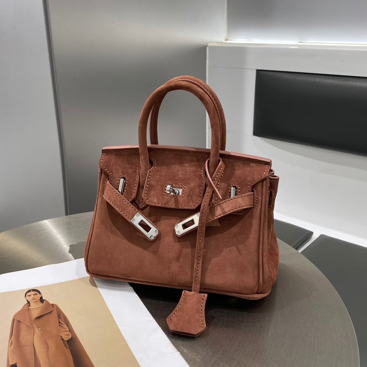Genuine Cowhide Suede Birkin-Style Handbag for Women, New Premium Shoulder Top Handle Purse, Maillard Style Fashionable Chic Bag for Ladies
