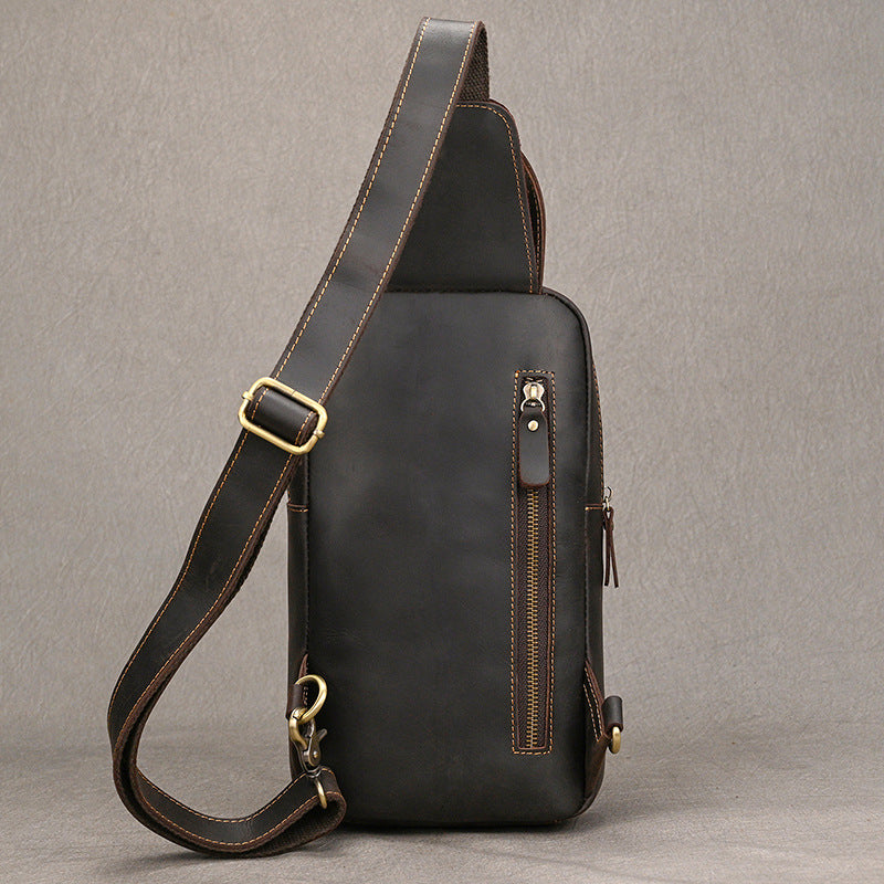 Large Capacity Crazy Horse Leather Chest Bag, Casual Crossbody Shoulder Pouch, Cowhide Bag Fits iPad for Men