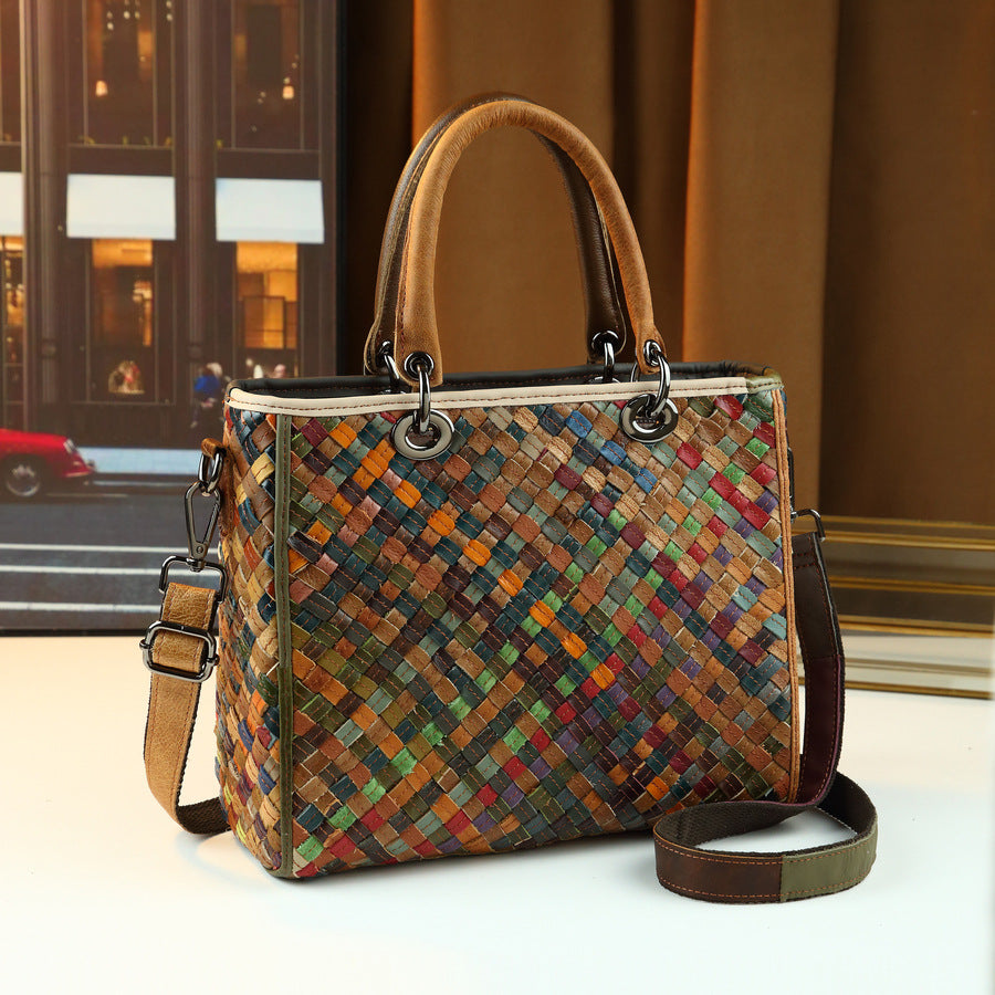 Genuine Leather Woven Square Bag for Women Vintage Style Large Capacity Top Handle Shoulder Crossbody Purse with Artisan Craftsmanship