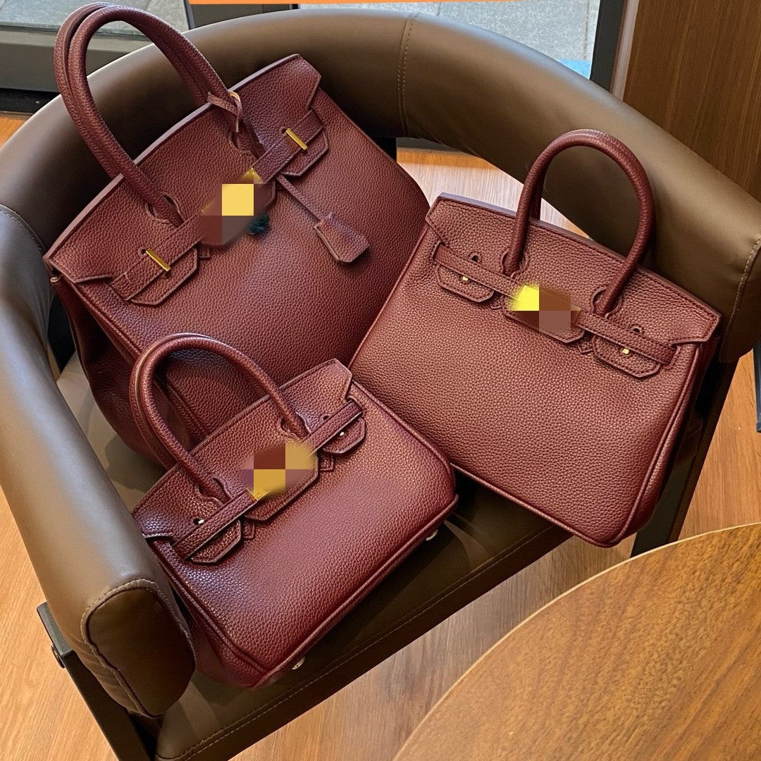 Genuine Pebbled Leather Birkin-Style Gold Hardware Large Capacity Handbag for Women, European Fashion Top Handle Purse, Trendy Casual Tote Bag for Ladies