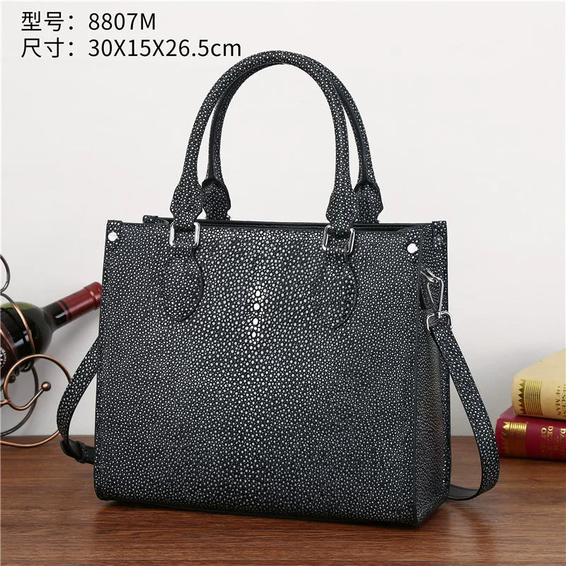 Genuine Leather Pearl Fish Skin Embossed Tote Bag for Women Large Capacity Structured Handbag, Trendy Shoulder Mommy Bag with Premium Texture