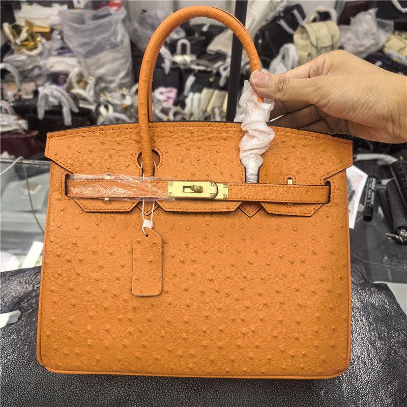 New Arrival Ostrich-Effect Birkin-Inspired Tote Bag for Women, Premium Genuine Leather Large Capacity Shoulder Crossbody Handbag with Flap Design, Light Luxury Versatile Everyday Purse
