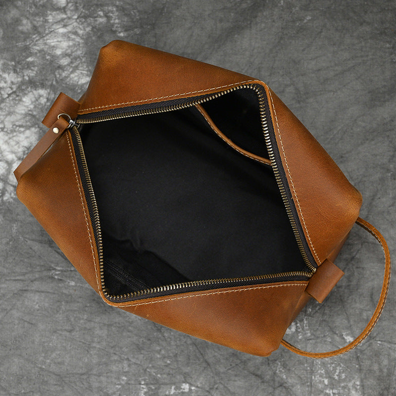 New Crazy Horse Leather Multifunctional Toiletry Bag, Unisex Travel Cosmetic Pouch, Genuine Leather Clutch for Men and Women