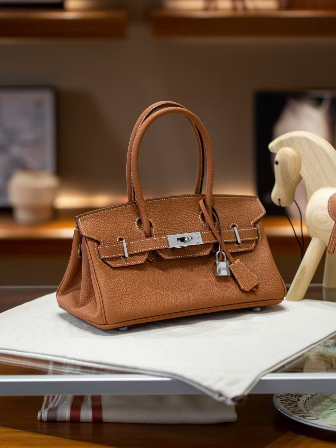 Genuine Togo Leather Birkin-Style Bag for Women, New Vintage Horizontal Top Handle Handbag, Premium Retro Purse for Ladies