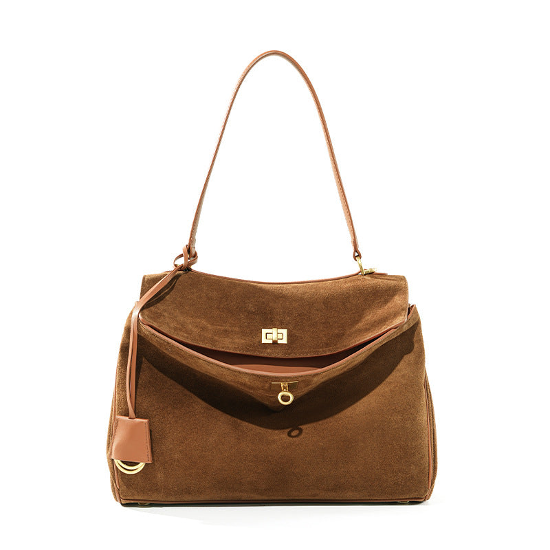 Genuine Suede Matte Cowhide Rodeo Tote Bag for Women, Structured Underarm Shoulder Purse, Large Capacity Premium Commute Handbag for Ladies