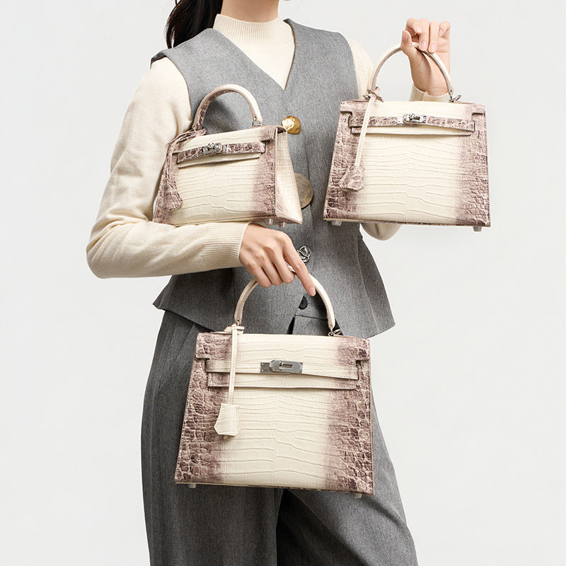Genuine Top Layer Cowhide Crocodile-Embossed Kelly-Style Handbag for Women, Large Capacity Commute Shoulder Top Handle Purse, Premium Work Bag for Ladies