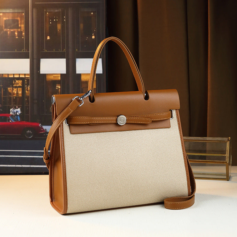 New Arrival Casual Large Canvas Tote Bag for Fall/Winter, A Contrast Color Top-Handle Commuter Shoulder Handbag with Elegant Kelly-Inspired Style