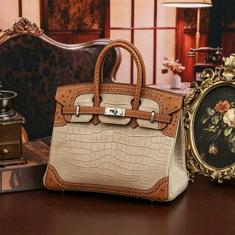 Premium American Croc-Effect & Ostrich-Effect Birkin-Inspired Tote Bag for Women, Genuine Leather Large Capacity Business Handbag with Versatile Shoulder Crossbody Carry
