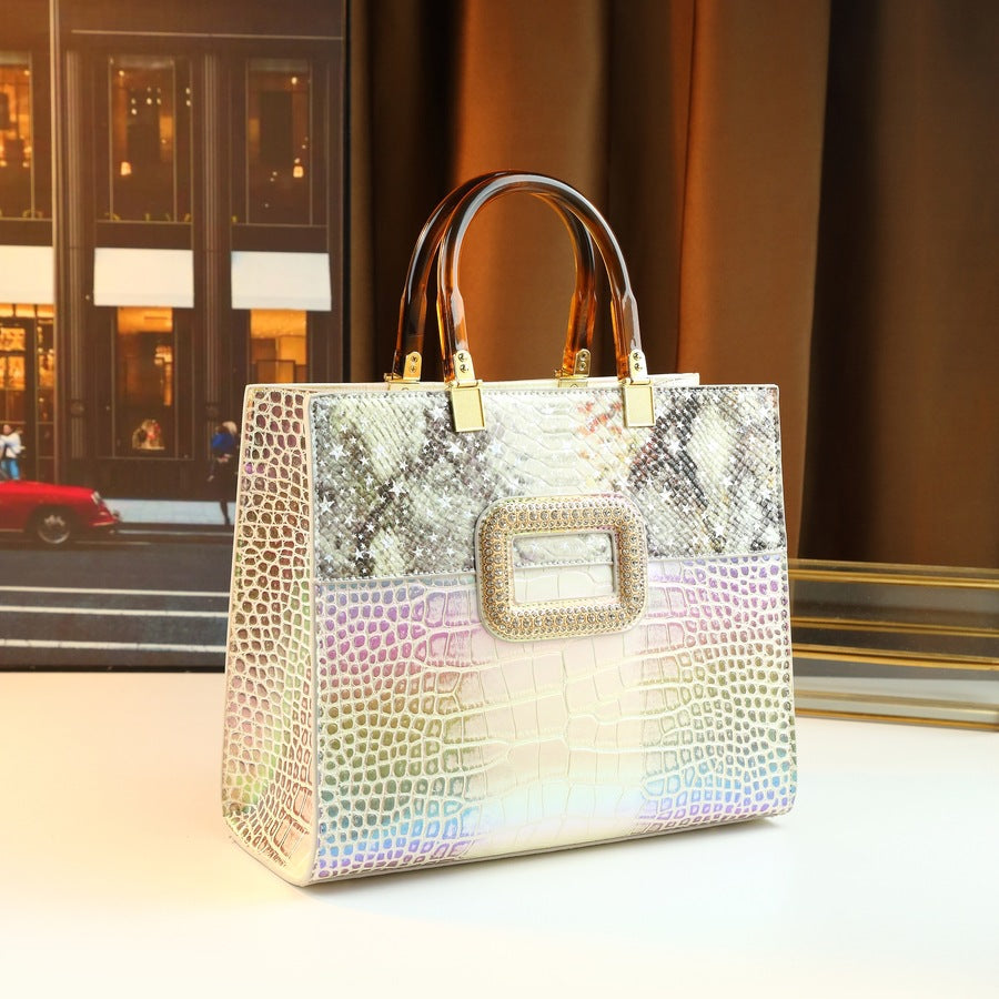 New Arrival Vintage Iridescent Croc-Effect Tote Bag for Women, A Large Capacity Top-Handle Shoulder Handbag with Magnetic Snap Design & Fashionable Retro Style
