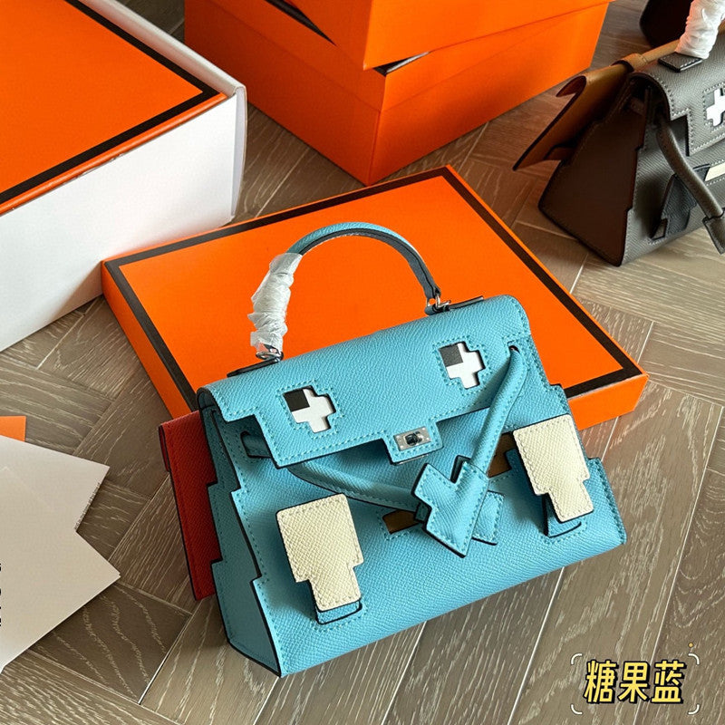 Genuine Leather Mosaic Doll Bag for Women Cross-Grain Cowhide Shoulder Crossbody Handbag, Cute Fashion Purse with Playful Design