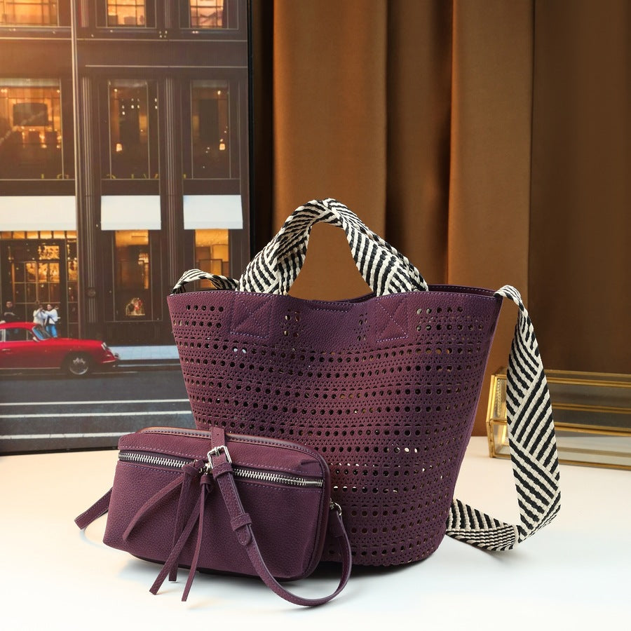 Hollow Woven Bucket Bag Set for Women Lightweight Fall Shoulder Handbag, Versatile Casual Purse with Detachable Sub-Pouch