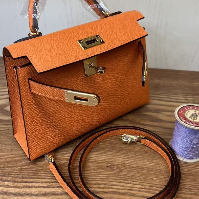 Genuine Leather Handmade Waxed Thread Mini 2nd Gen Kelly-Style Bag for Women, Classic Palm Texture Shoulder Crossbody Top Handle Purse, Premium Handbag for Ladies