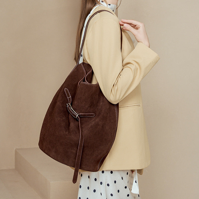 Genuine Top Layer Cowhide Bucket Tote Bag for Women, Korean Style Niche Fashionable Large Capacity Shoulder Top Handle Purse, Premium Handbag for Ladies