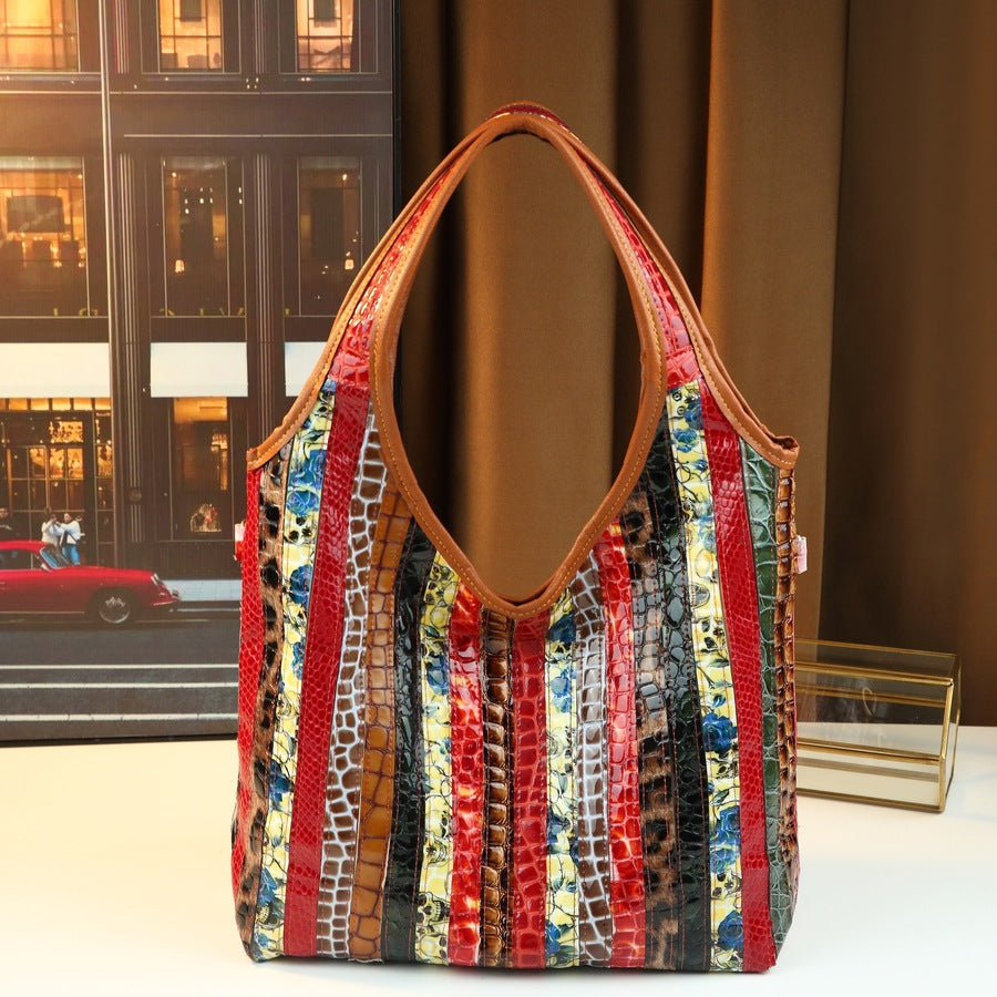 Genuine Leather Patchwork Tote Bag for Women Large Capacity Shoulder Crossbody Handbag, Vintage Trendy Purse with Versatile Everyday Style
