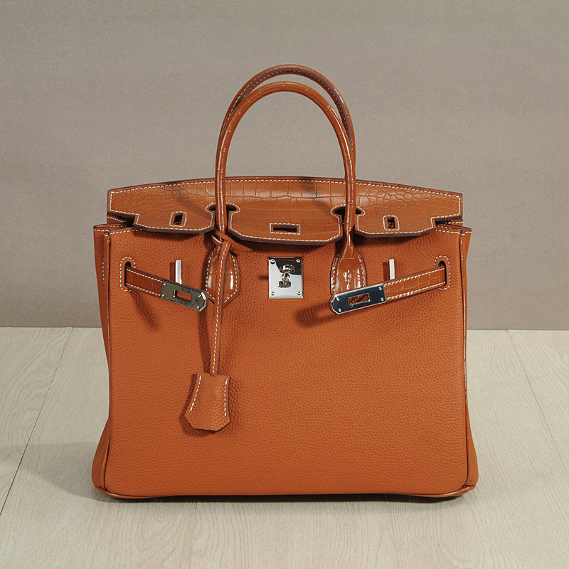 Genuine Top Layer Cowhide Patchwork Handbag for Women, New Pebbled & Crocodile-Embossed Crossbody Top Handle Purse, Trendy Leather Bag for Ladies