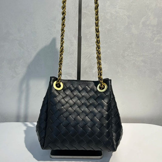 Genuine Leather Metal Chain Woven Parachute Bag for Women, Large Capacity Vintage Underarm Shoulder Crossbody Purse, Premium Handbag for Ladies