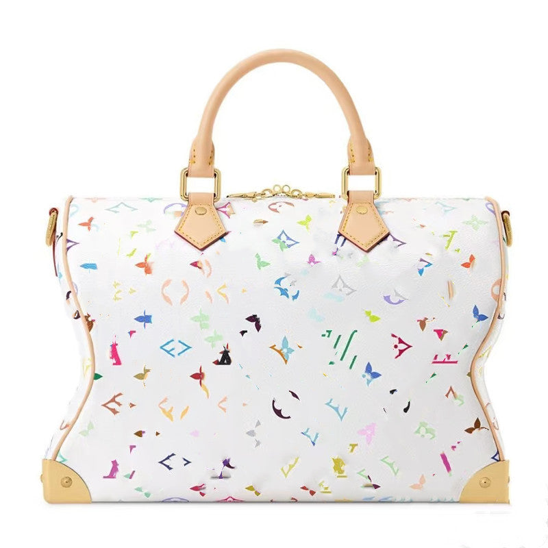 White Tricolor Speedy Style Travel Duffle Bag for Couples Large Capacity Pillow Handbag, Trendy Studded Carryall for Weekend Getaways
