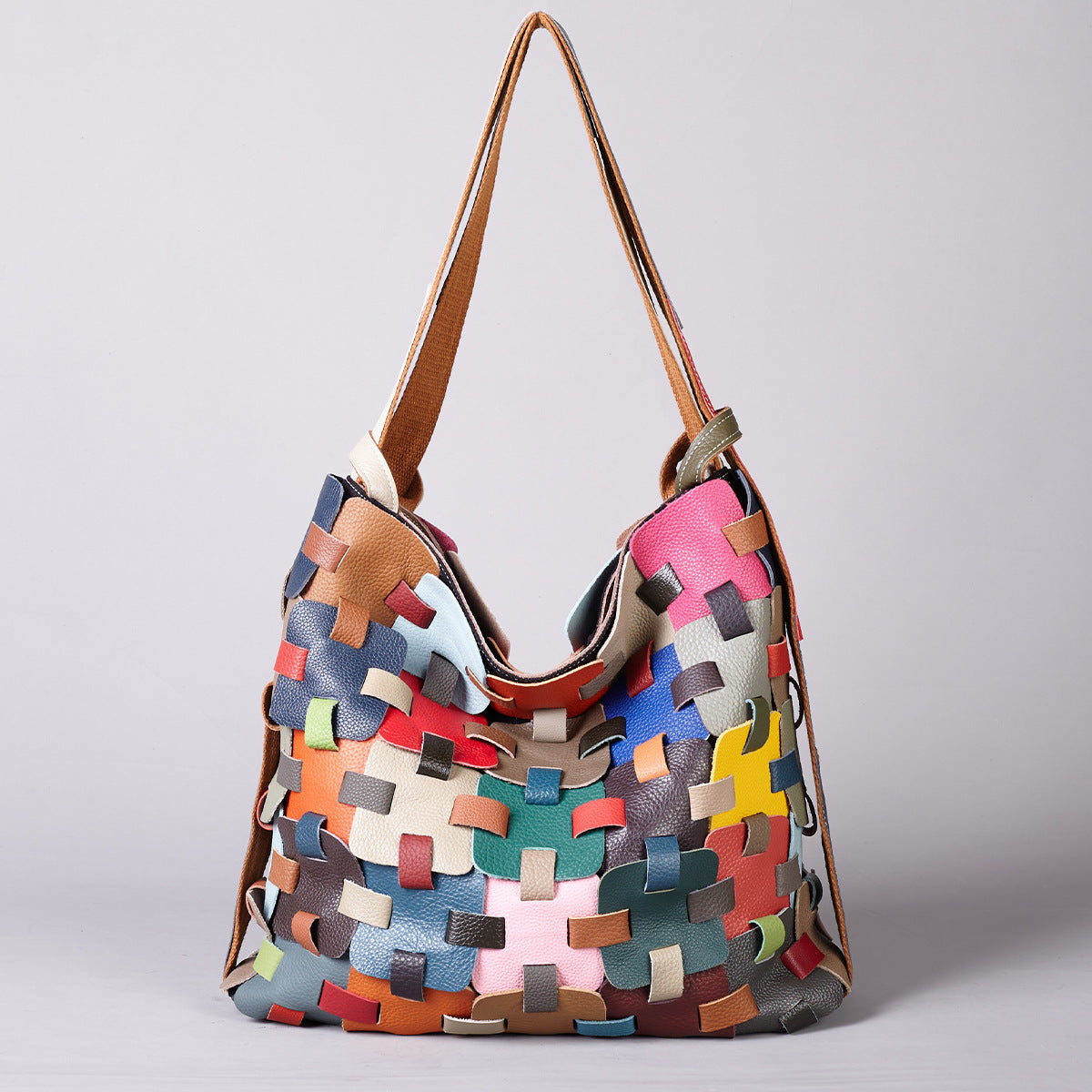 Premium Handcrafted Color-Block Leather Basket Bag for Women | Genuine Leather 2-in-1 Convertible Shoulder Backpack with Vibrant Multi-Color Patchwork | Trendy Casual Everyday Purse for Travel, Shopping & Errands | Unique Artistic Handbag with Versat