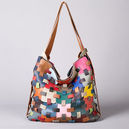 Premium Handcrafted Color-Block Leather Basket Bag for Women | Genuine Leather 2-in-1 Convertible Shoulder Backpack with Vibrant Multi-Color Patchwork | Trendy Casual Everyday Purse for Travel, Shopping & Errands | Unique Artistic Handbag with Versat