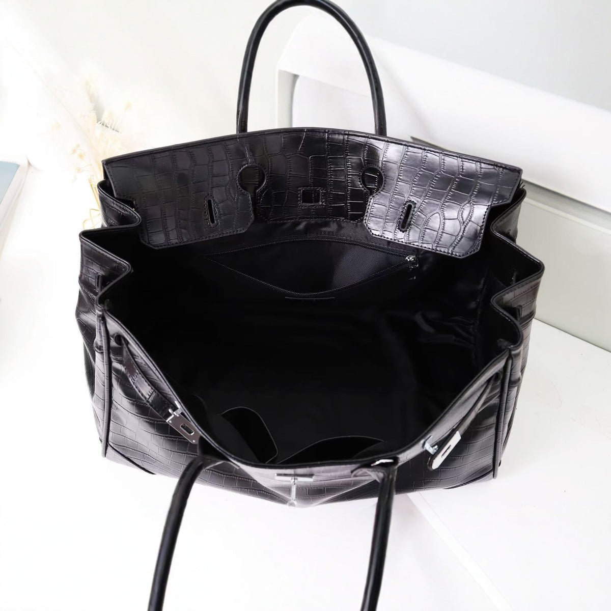 Premium Unisex 50cm Croc-Embossed Travel Tote Bag, Birkin-Inspired Spacious Duffel with Shoulder Crossbody Top-Handle Carry, Perfect for Men & Women