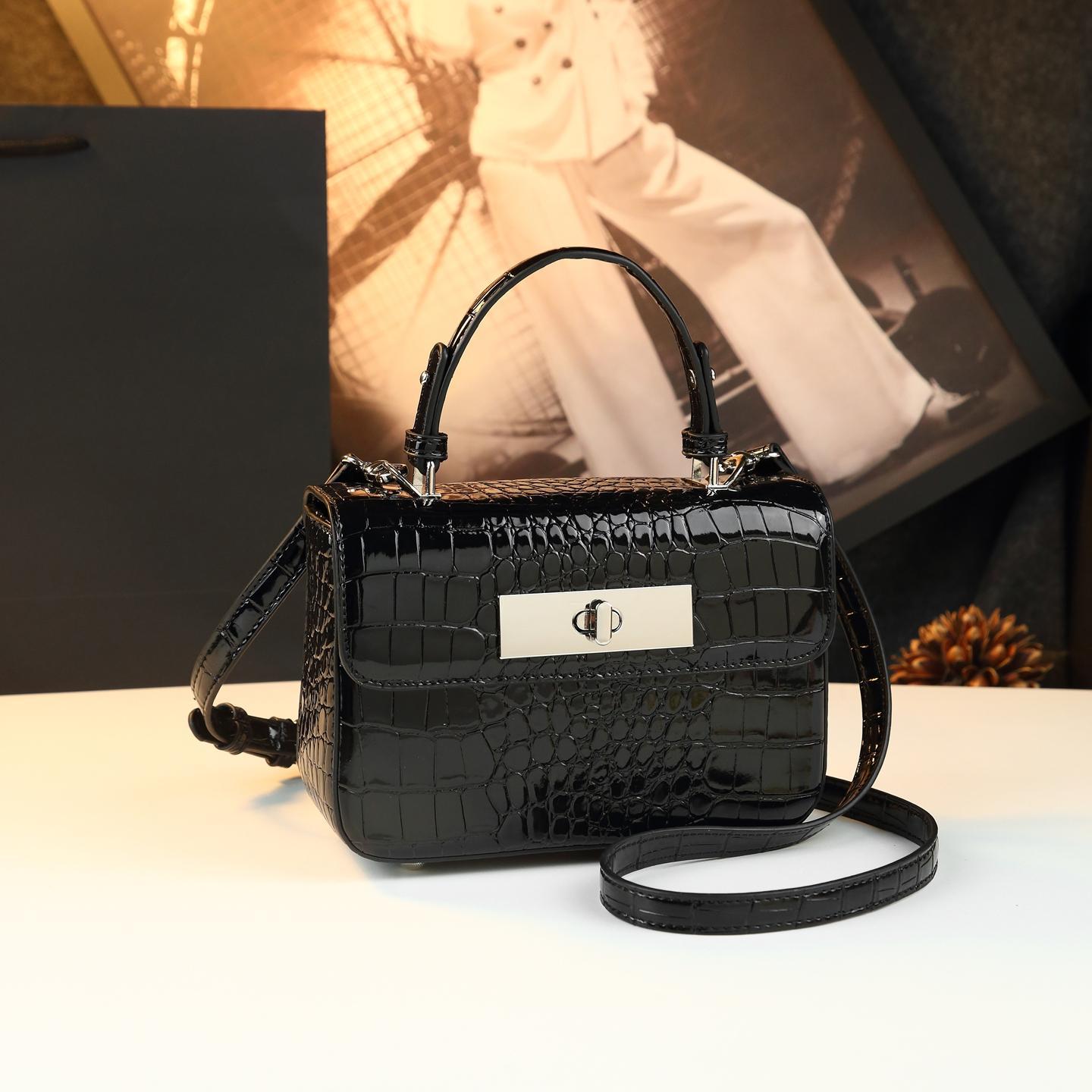 New Arrival Croc-Effect Light Luxury Small Square Bag for Women, A Minimalist Shoulder Crossbody Top-Handle Handbag with Premium Versatile Design