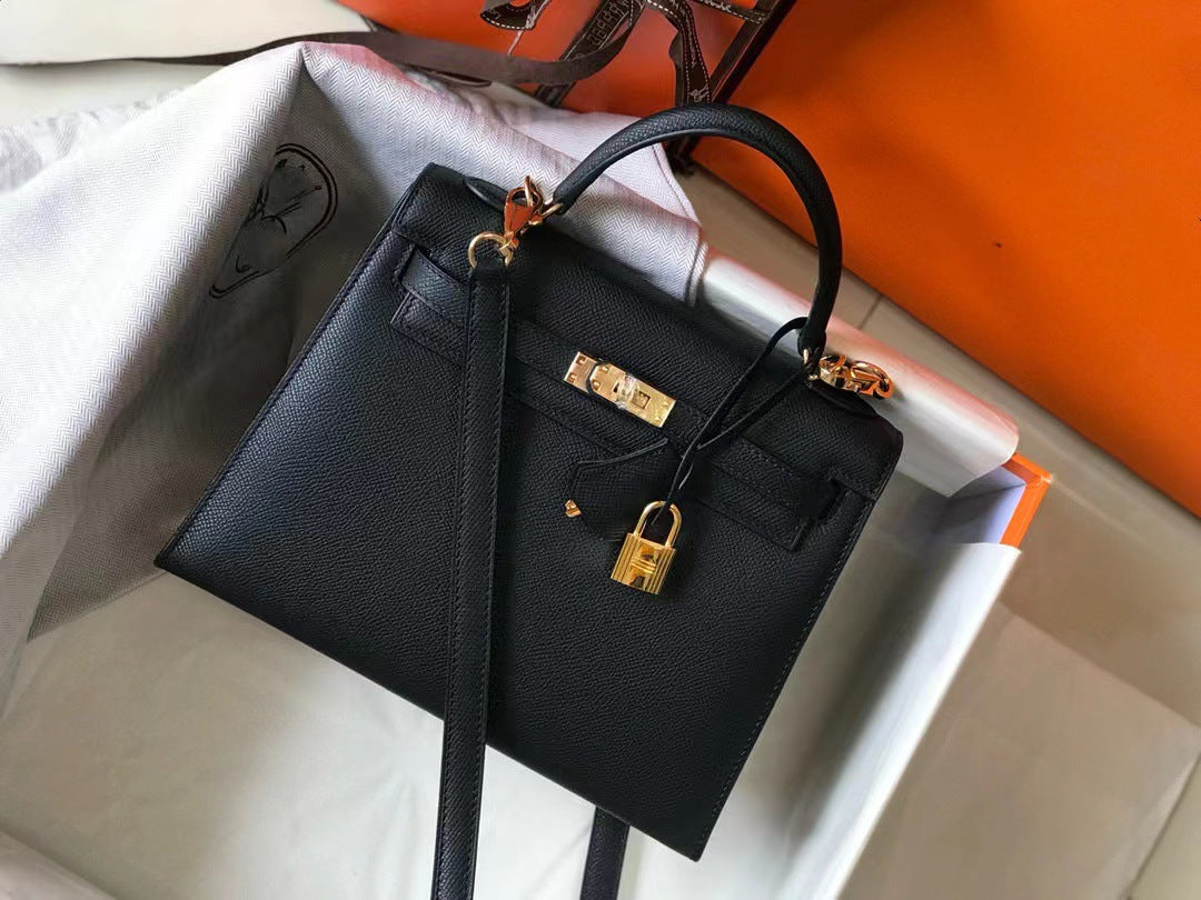 Genuine Epsom Calfskin Leather Kelly-Style 25/28 Top Handle Bag for Women, Premium Commute Handbag with Chic Fashionable Design for Ladies